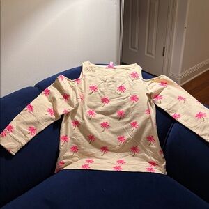 Lilly Pulitzer Cream “Cold Shoulder” Shirt with Pink Palm Trees -Sz L